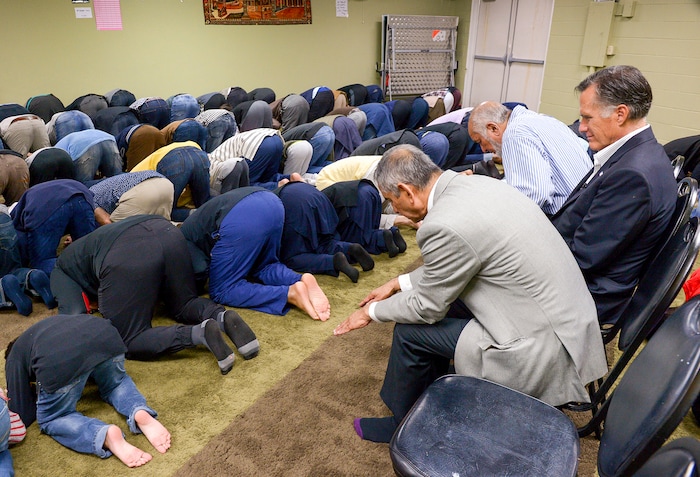Leah Hogsten  |  The Salt Lake Tribune  Republican U.S. Senate candidate Mitt Romney sits among members of the Utah Islamic Center, Oct. 26, 2018 as they take part in Friday's Muslim special prayers.