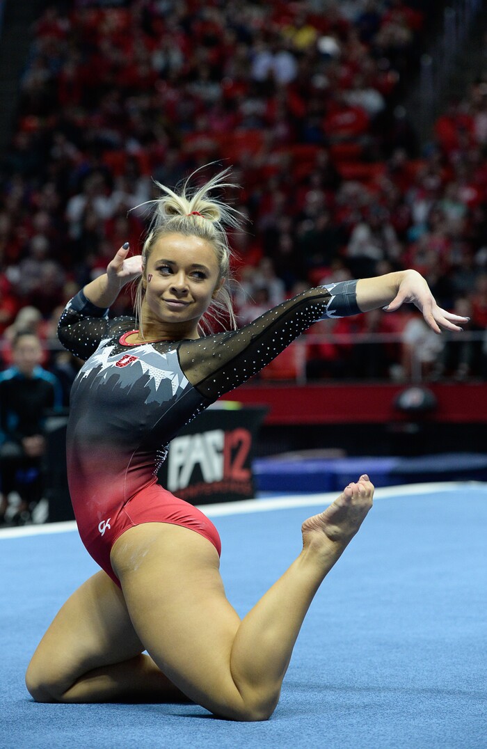 (Francisco Kjolseth  |  The Salt Lake Tribune)  Sydney Soloski performs her floor routine as Utah hosts Penn State in their season opener at the Huntsman Center in Salt Lake City on Saturday, Jan. 5, 2019.