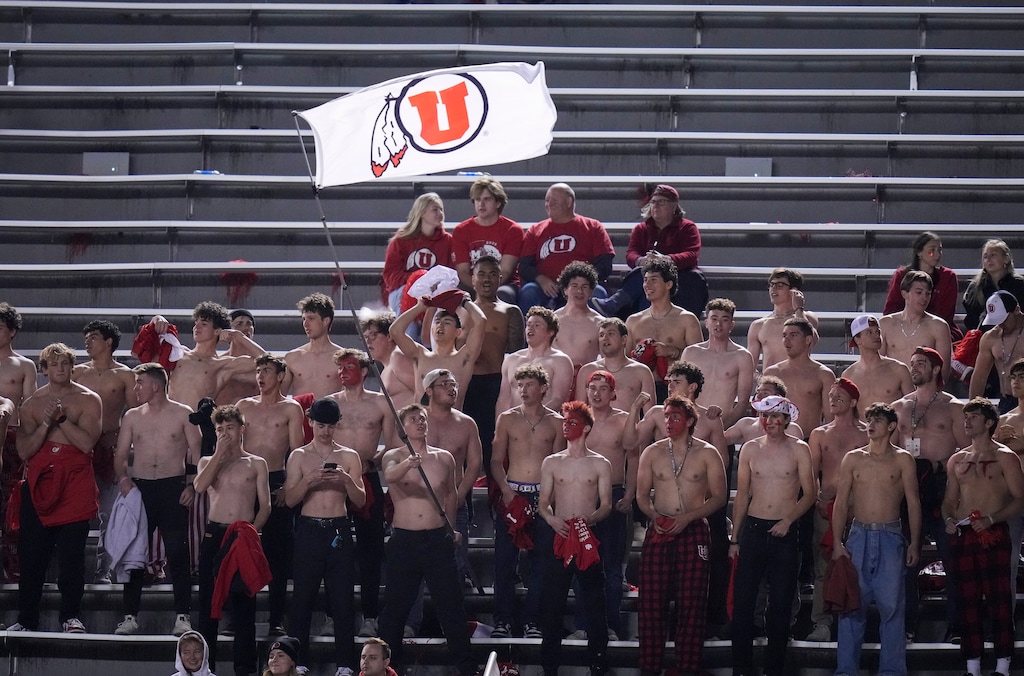 (Bethany Baker  |  The Salt Lake Tribune) Utah Utes fans cheer from the stands during the game between the Utah Utes and the Colorado Buffaloes at Rice-Eccles Stadium in Salt Lake City on Saturday, Oct. 25, 2025.