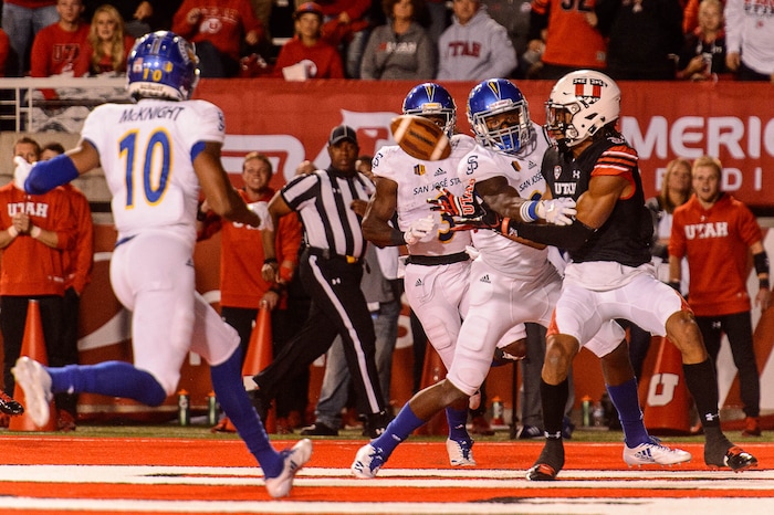 (Trent Nelson | The Salt Lake Tribune) Utah Utes wide receiver Darren Carrington II (9) pulls in a touchdown pass as the Utah Utes host the San Jose State Spartans, NCAA football at Rice-Eccles Stadium in Salt Lake City, Saturday September 16, 2017.