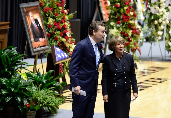 Scott Sommerdorf | The Salt Lake Tribune
Peter Huntsman watches as people arrive, with his mother Karen, at the funeral services for Jon M. Huntsman, Sr., Saturday, February, 10, 2018. 
