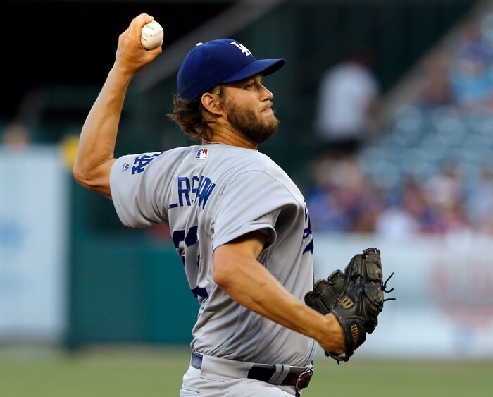 Los Angeles Dodgers starting pitcher Clayton Kershaw throws during the first inning of the team's baseball game against the Los Angeles Angels in Anaheim, Calif., Thursday, June 29, 2017. (AP Photo/Alex Gallardo)