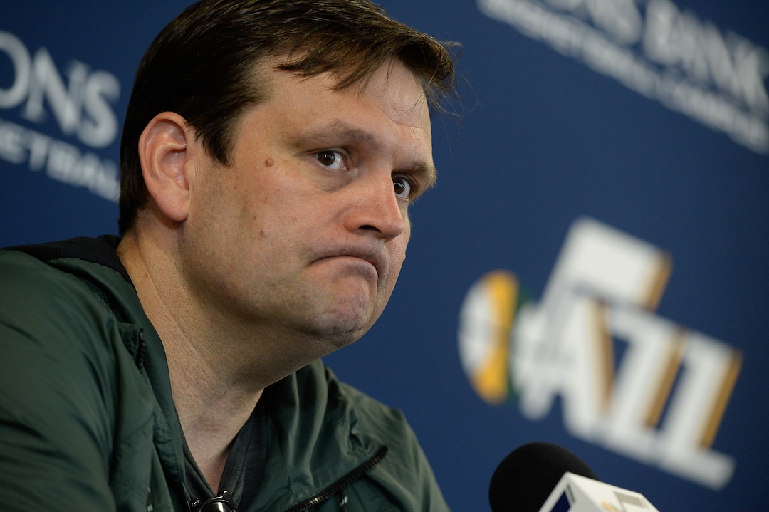 (Francisco Kjolseth  |  The Salt Lake Tribune)  Utah Jazz General Manager Dennis Lindsey speaks with the media during exit interviews at their practice facility in Salt Lake City Wed., May 8, 2018, after losing to the Houston Rockets in game 5 of their Western Conference Semifinals during the 2018 NBA Playoffs.