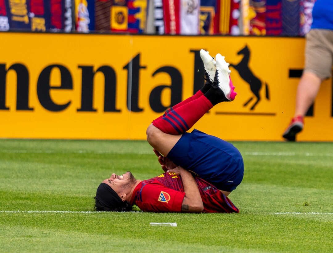 (Rick Egan | The Salt Lake Tribune) Real Salt Lake defender Marcelo Silva (30) reacts after being knocked to the ground, in MLS action between Real Salt Lake and Sporting Kansas City at Rio Tinto Stadium, on Saturday, May 1, 2021.