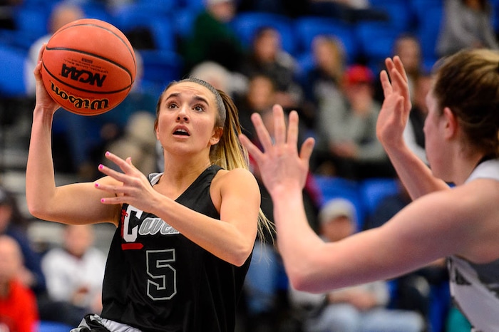 (Trent Nelson | The Salt Lake Tribune)  American Fork's Addison Holmstead (5) as Riverton faces American Fork in the 6A High School Girls' Basketball Tournament at SLCC in Taylorsville, Tuesday Feb. 20, 2018.
