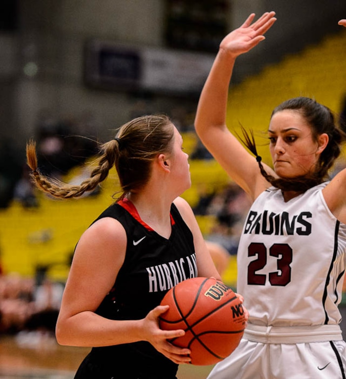 (Trent Nelson | The Salt Lake Tribune)
Hurricane vs. Mountain View, 4A State high school basketball tournament at Utah Valley University in Orem, Thursday March 1, 2018. Hurricane's Jayden Langford (11) and Mountain View's Tahlia White (23).