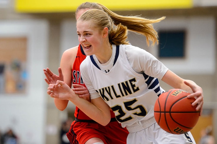 (Trent Nelson | The Salt Lake Tribune)  Skyline's Madison Grange (25) as Skyline faces Springville in the 5A High School Girls' Basketball Tournament at SLCC in Taylorsville, Wednesday Feb. 21, 2018.