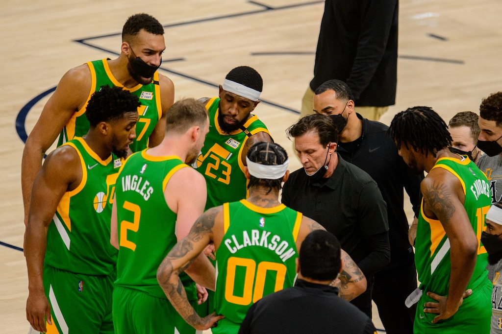 (Trent Nelson  |  The Salt Lake Tribune) Quin Snyder, jazz huddle as the Utah Jazz host the Houston Rockets, NBA basketball in Salt Lake City on Friday, March 12, 2021. Utah Jazz center Rudy Gobert (27) Utah Jazz guard Donovan Mitchell (45), Utah Jazz forward Joe Ingles (2), Utah Jazz forward Royce O'Neale (23), Utah Jazz guard Jordan Clarkson (00), Utah Jazz center Derrick Favors (15)