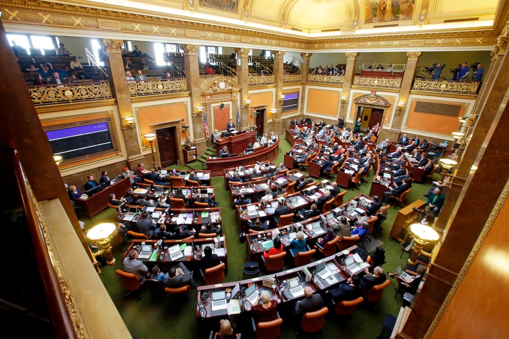 FILE - In this Jan. 25, 2016, file photo, members of the House of Representatives look on as House Speaker Greg Hughes speaks, in Salt Lake City. Voters in the deep red states of Utah and Oklahoma will have a chance to legalize medical marijuana through ballot initiatives that offer the latest illustration of how quickly the United States is leaving behind taboos about the drug. (AP Photo/Rick Bowmer, File)