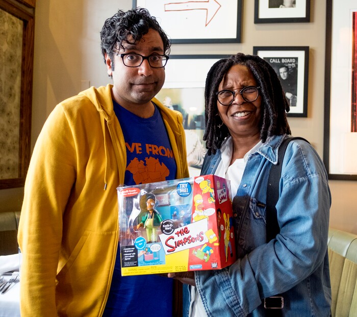 (Photo courtesy David S. Holloway/truTV) Hari Kondabolu gives Whoopi Goldberg something for her “negrobilia” collection, after she tells him that Apu would fit right in a racist minstrel show.