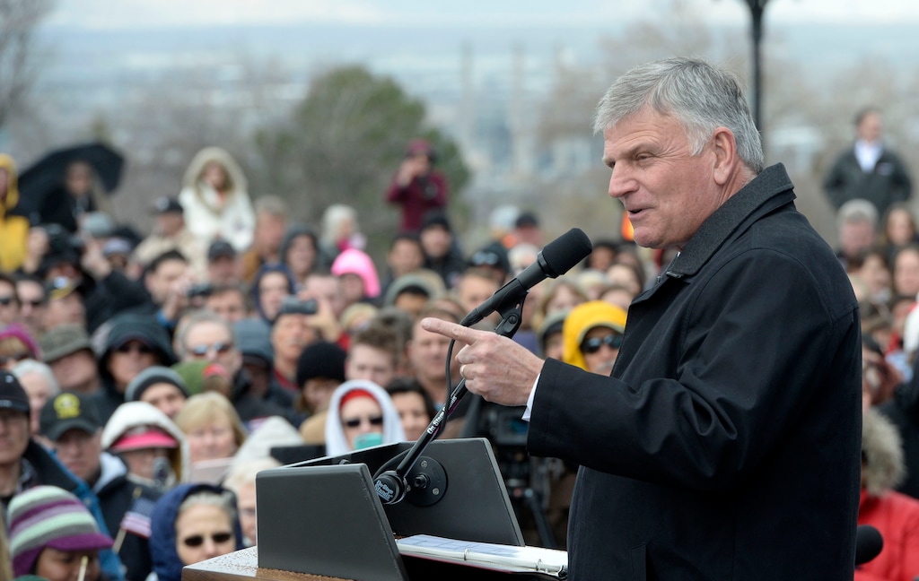 Al Hartmann  |  The Salt Lake Tribune 
Thousands gathered on the steps of the Utah Capitol on March 29, 2016, to listen and pray with Franklin Graham, son of evangelist Billy Graham.  It was part of Franklin Graham's 50-state Decision America Tour.