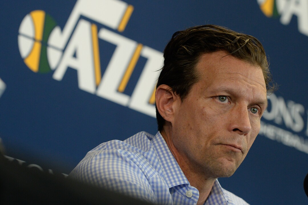 (Francisco Kjolseth  |  The Salt Lake Tribune)  Utah Jazz head coach Quin Snyder speaks with the media during exit interviews at their practice facility in Salt Lake City Wed., May 8, 2018, after losing to the Houston Rockets in game 5 of their Western Conference Semifinals during the 2018 NBA Playoffs.