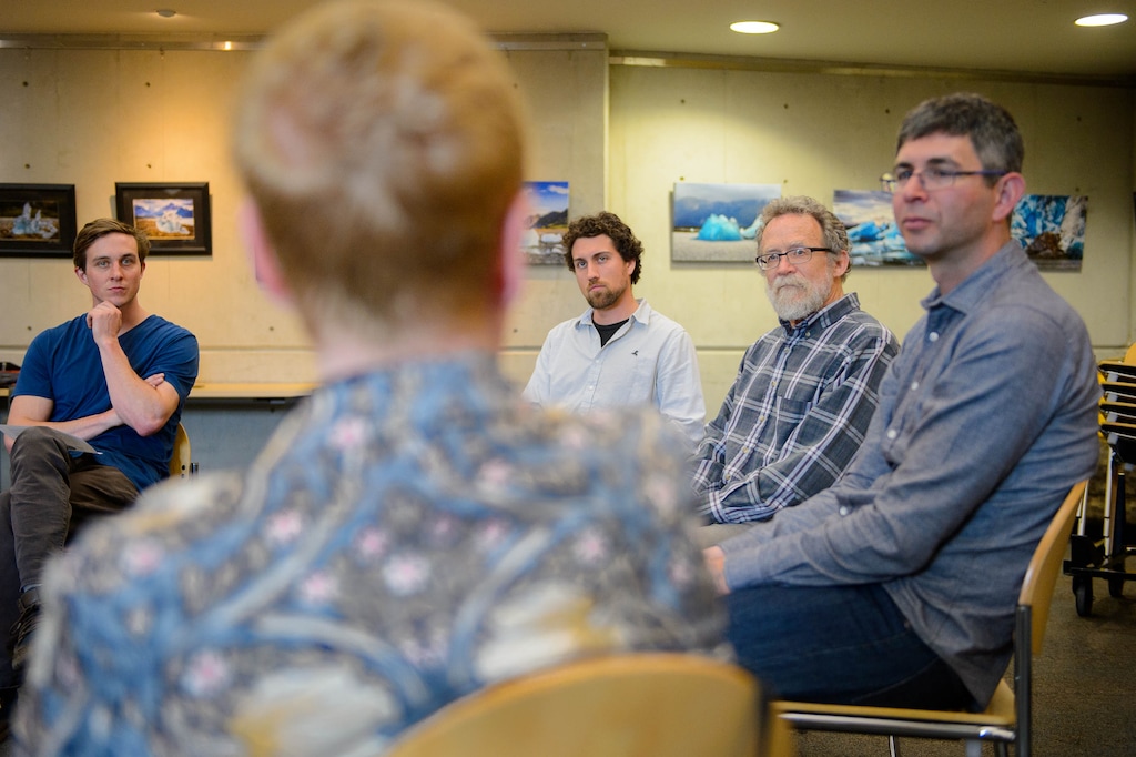 (Trent Nelson | The Salt Lake Tribune) Joey Cauceglia, Bob Cieri, Dave Carrier, and Yoram Bauman of Clean The Darn Air listen to a question from Gwen Springmeyer during a public hearing on its initiative petition for a carbon tax in Salt Lake City on Wednesday May 8, 2019.
