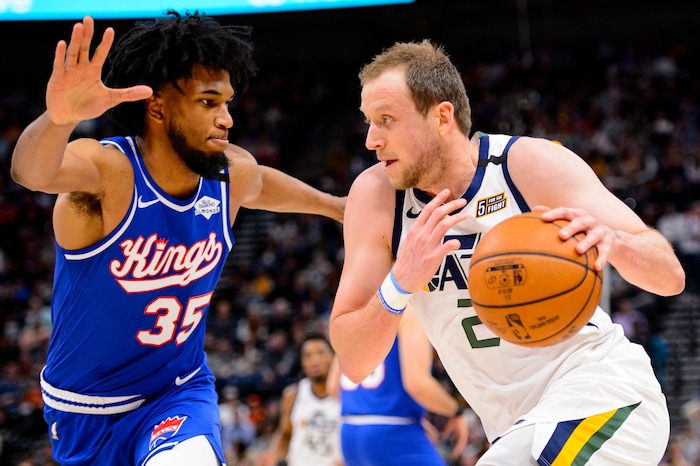 (Trent Nelson  |  The Salt Lake Tribune) Utah Jazz forward Joe Ingles (2) defended by Sacramento Kings forward Marvin Bagley III (35) as the Utah Jazz host the Sacramento Kings, NBA basketball in Salt Lake City on Saturday, Jan. 18, 2020.