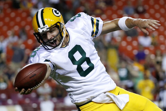 Green Bay Packers quarterback Taysom Hill (8) celebrates as he carries the ball into the end zone for a touchdown during the second half of an NFL preseason football game against Washington in Landover, Md., Saturday, Aug. 19, 2017. (AP Photo/Alex Brandon)