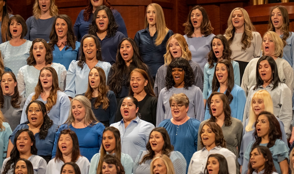 (Rick Egan | The Salt Lake Tribune) Choir sings at women's session of General Conference on Saturday, April 2, 2022.