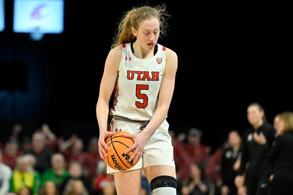 (David Becker | AP) Utah guard Gianna Kneepkens reacts after a play against Washington State during the second half of an NCAA college basketball game in the quarterfinals of the Pac-12 women's tournament Thursday, March 2, 2023, in Las Vegas.