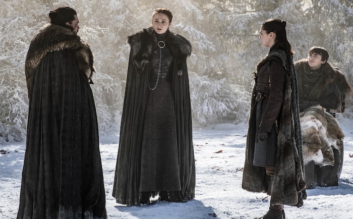 (Photo courtesy Helen Sloan/HBO) Kit Harington as Jon Snow, Sophie Turner as Sansa Stark, Maisie Williams as Arya Stark and Isaac Hempstead Wright as Bran Stark in the “Game of Thrones” episodes “The Last of the Starks.”
