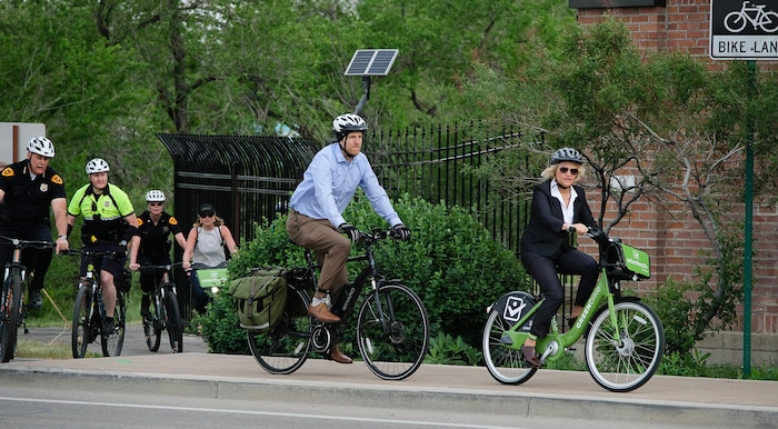 (Francisco Kjolseth | The Salt Lake Tribune) Salt Lake City Mayor Jackie Biskupski is joined by members of the public and city employees on Thursday, May 16, 2019, as part of the annual Mayor’s Bike to Work Day. This year’s ride began at the Northwest Recreation Center and ran primarily along the Jordan River Trail in an effort to show off the investments the city and others have made to the trail.