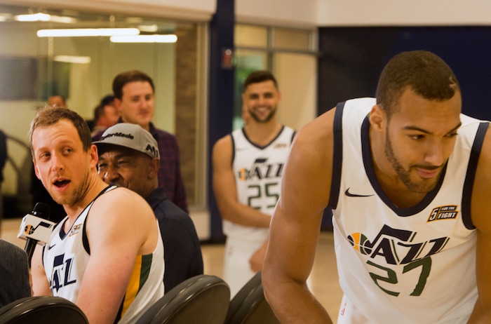 (Rick Egan  |  The Salt Lake Tribune) Utah Jazz forward Joe Ingles turns around as Rudy Gobert interrupts an interview, during the Utah Jazz media day, at the Zions Bank Basketball Center, Monday, September 25, 2017.


