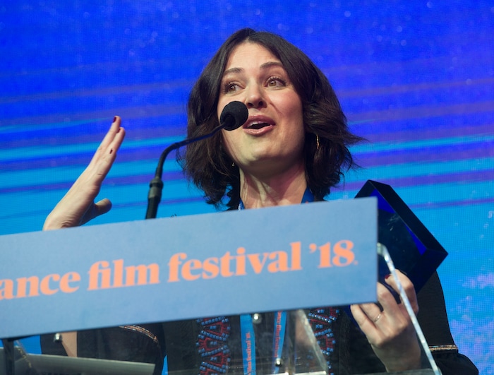 (Rick Egan  |  The Salt Lake Tribune)     Alexandra Shiva accepts the World Cinema Documentary award for This is Home, at the 2018 Sundance Film Festival Awards Night, Saturday, January 27, 2018.


