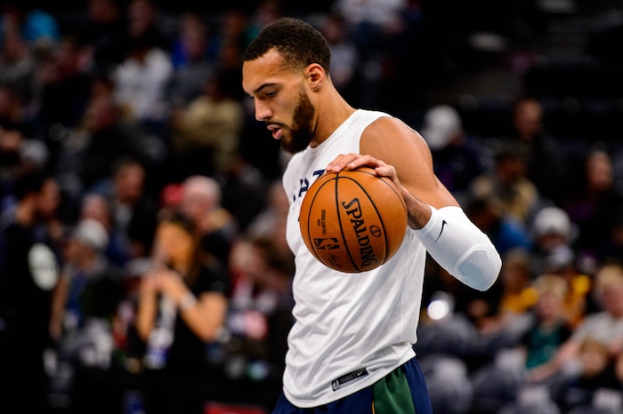 (Trent Nelson  |  The Salt Lake Tribune) Utah Jazz center Rudy Gobert (27) warms up as the Utah Jazz host the Portland Trail Blazers, NBA basketball in Salt Lake City on Thursday, Dec. 26, 2019.