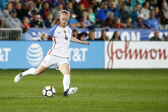 United States defender Becky Sauerbrunn (4) plays against New Zealand during the first half of an international friendly soccer match in Commerce City, Colo., Friday, Sept. 15, 2017. (AP Photo/Jack Dempsey)