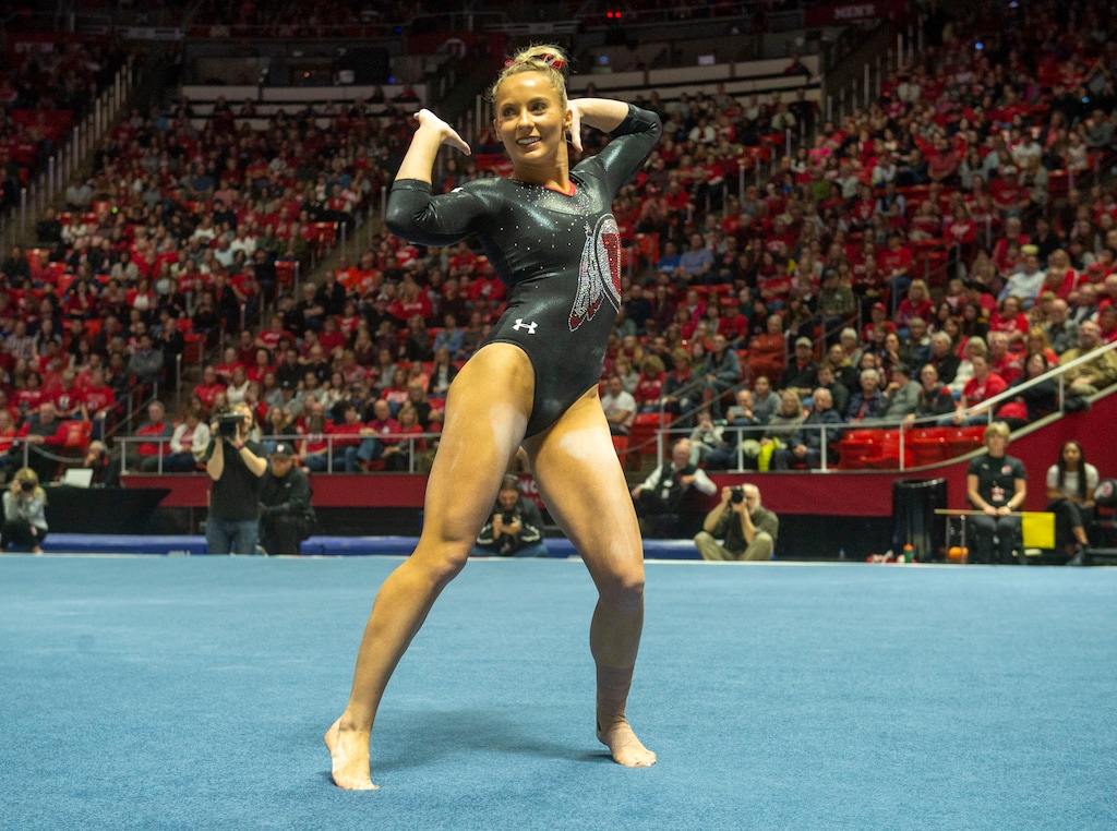 (Rick Egan  |  The Salt Lake Tribune)   MyKayla Skinner competes on the floor for the Utes, in Gymnastics action at the Jon M. Huntsman Center, Saturday, March 2, 2019.