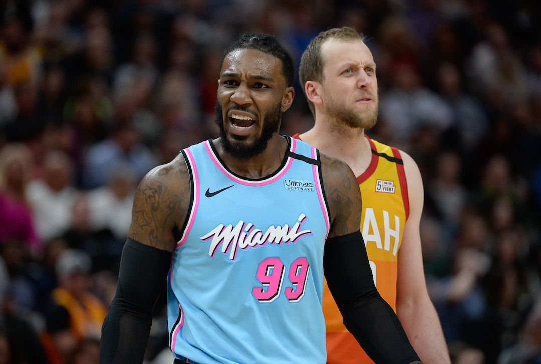 (Francisco Kjolseth  |  The Salt Lake Tribune) Miami Heat forward Jae Crowder (99) fires up his team alongside Utah Jazz guard Joe Ingles (2) as the Utah Jazz host the Miami Heat in their NBA basketball game at Vivint Smart Home Arena in Salt Lake City on Wednesday, Feb. 12, 2020.