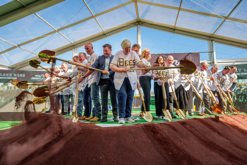(Trent Nelson | The Salt Lake Tribune) Gail Miller and others at the groundbreaking for the new Salt Lake Bees ballpark and Phase 1 of Downtown Daybreak in South Jordan on Thursday, Oct. 19, 2023. Senate President Stuart Adams, R-Layton, Gov. Spencer Cox and Steve Starks are to the left of Miller.