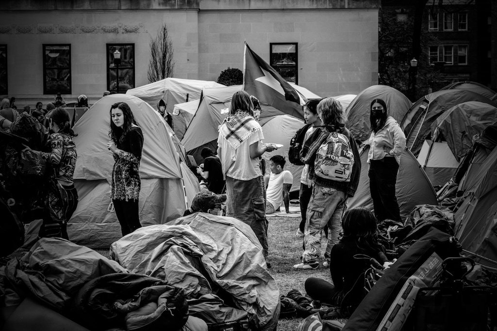 (Mark Peterson | The New York Times) The protest encampment on the Columbia University campus in New York, April 24, 2024.