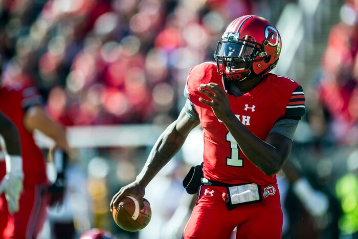 (Chris Detrick  |  The Salt Lake Tribune)  Utah Utes quarterback Tyler Huntley (1) runs the ball during the game at Rice-Eccles Stadium Saturday, October 21, 2017. 