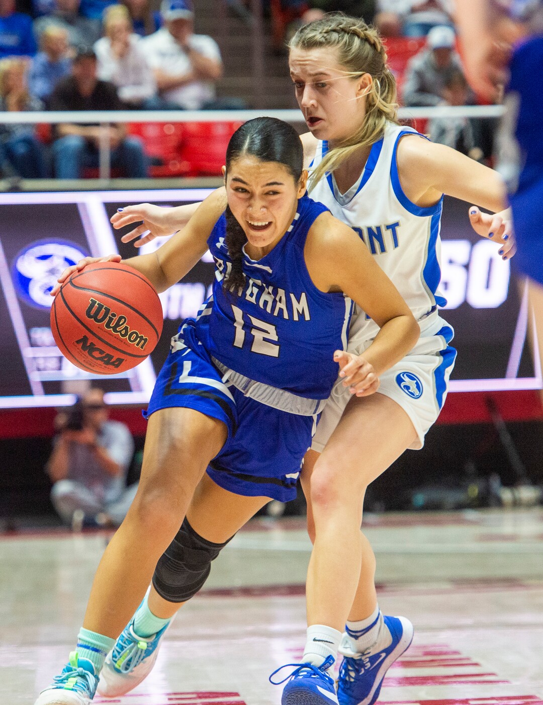 (Rick Egan  |  The Salt Lake Tribune)   Bingham Miners Ameleya Angilau (12)brings the ball down court, in the 6A championship game, between the Fremont Sliverwolves and the Bingham Miners, at the Jon M. Huntsman Center, Saturday Feb. 29, 2020
