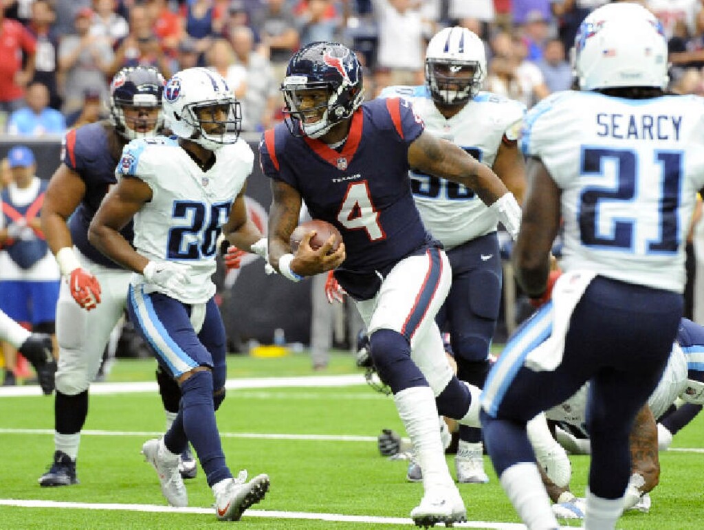 George Bridges | The Associated Press. Houston Texans quarterback Deshaun Watson (4) runs for a touchdown against the Tennessee Titans during the first half of an NFL football game, Sunday, Oct. 1, 2017, in Houston.
