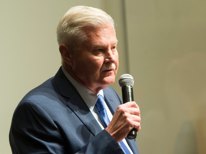 (Rick Egan  |  The Salt Lake Tribune)  Candidate Ken Hansen gives a speech Saturday, Aug. 12, 2017, before the vote for Salt Lake County sheriff.