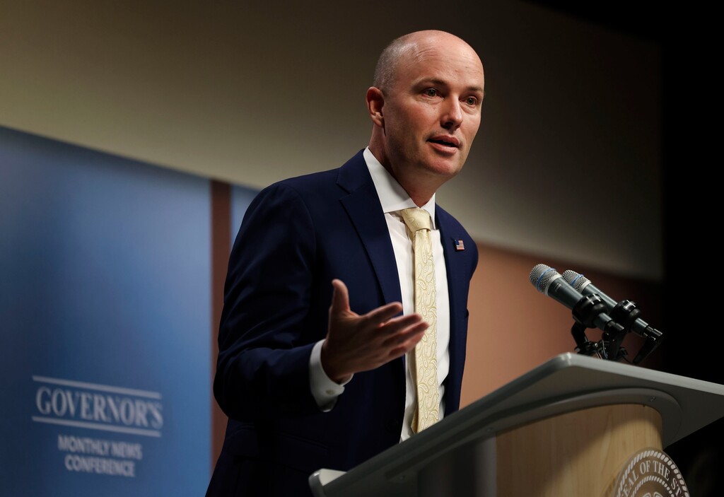 (Laura Seitz | Pool) Gov. Spencer Cox speaks at the PBS Utah Governor's Monthly News Conference at the Eccles Broadcast Center in Salt Lake City on Thursday, Oct. 19, 2023.