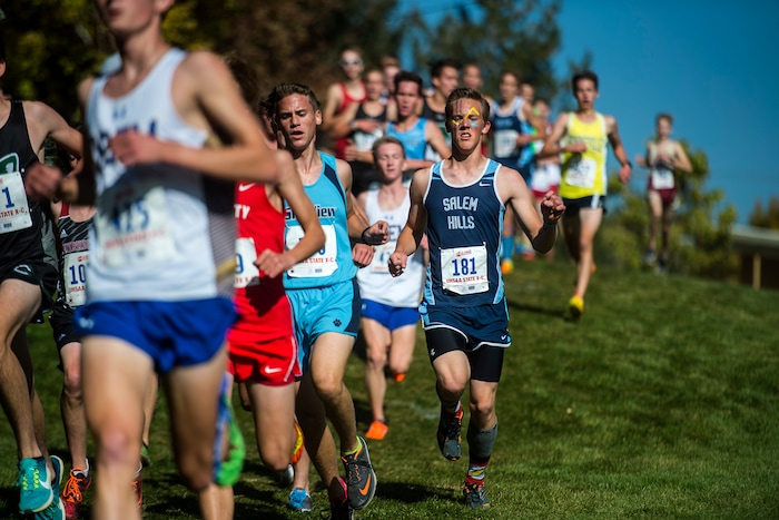 (Chris Detrick  |  The Salt Lake Tribune)  Salem Hills junior Preston Stone (181) competes during the 4A boy's state cross-country meet at Sugar House Park and Highland High School Wednesday, October 18, 2017. 