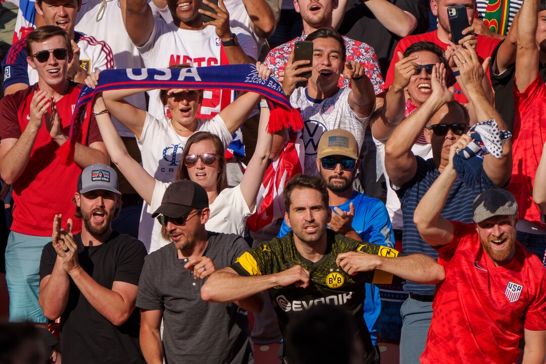 (Trent Nelson  |  The Salt Lake Tribune) Fans celebrate a goal by United States forward Gio Reyna as the U.S. Men’s National Team (USMNT) faces Costa Rica in a friendly at Rio Tinto Stadium in Sandy on Wednesday, June 9, 2021.