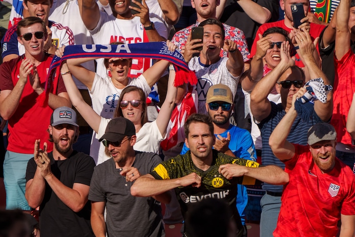 (Trent Nelson  |  The Salt Lake Tribune) Fans celebrate a goal by United States forward Gio Reyna as the U.S. Men’s National Team (USMNT) faces Costa Rica in a friendly at Rio Tinto Stadium in Sandy on Wednesday, June 9, 2021.