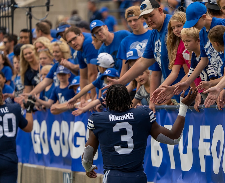 (Rick Egan | The Salt Lake Tribune) Brigham Young running back Aidan Robbins (3) greets fans after the Cougars beat the Southern Utah Thunderbirds at Lavell Edwards Stadium, on Saturday, Sept. 9, 2023.