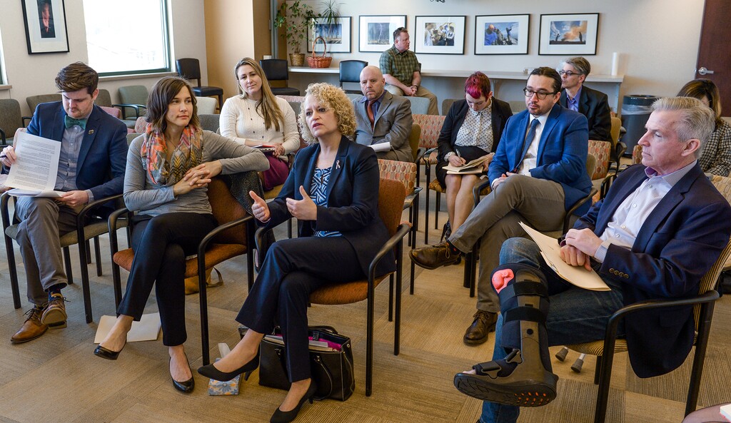 (Leah Hogsten | Tribune file photo) Salt Lake City Mayor Jackie Biskupski, center, with City Council Chairwoman Erin Mendenhall, met with The Salt Lake Tribune editorial board April 11, 2018, to discuss a proposed city sales tax increase and bond issue for city roads. Joining them are, at far left, City Councilman Chris Wharton, and members of the mayor's administration and council staff.