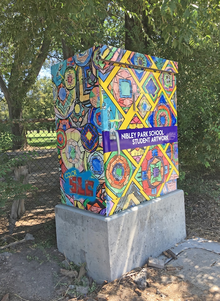 (Photo courtesy Salt Lake City Mayor's Office) A utility box near Nibley Park Elementary School in Salt Lake City, decorated with artwork by the school's students, as part of the city's ColorSLC program.