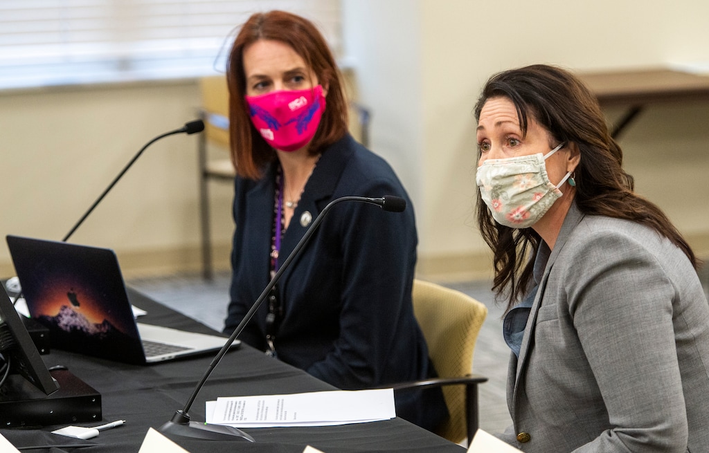(Rick Egan | The Salt Lake Tribune)   Rep. Jennifer Dailey-Provost, D-Salt Lake City, listens as Tiffany James, the mother of Zane James, gives testimony in support of  HB0237, lethal force amendments, in the Senate Judiciary, Law Enforcement, and Criminal Justice Standing Committee, on Friday, Feb. 26, 2021.