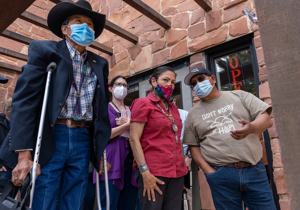 (Leah Hogsten | The Salt Lake Tribune) Secretary of the Interior Deb Haaland, center, talks with Clark Tenakhongva, vice chairman of the Hopi Tribal Council during a press conference at Edge of the Cedars State Park Museum in Blanding after a tour of Bears Ears National Monument on Thursday. At left is San Juan County Commissioner Kenneth Maryboy. Haaland met with San Juan County commissioners and elected federal, state and local leaders and leaders with Native American tribes to discuss the current boundaries and management conditions of the two national monuments, Bears Ears and Grand Staircase-Escalante, April 8, 2021.
