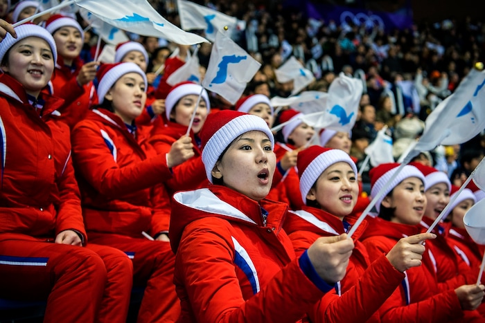 (Chris Detrick  |  The Salt Lake Tribune)  North Korean cheerleaders perform during the Men's 500m Short Track Speed Skating at Gangneung Ice Arena Pyeongchang 2018 Winter Olympics Tuesday, Feb. 20, 2018. 