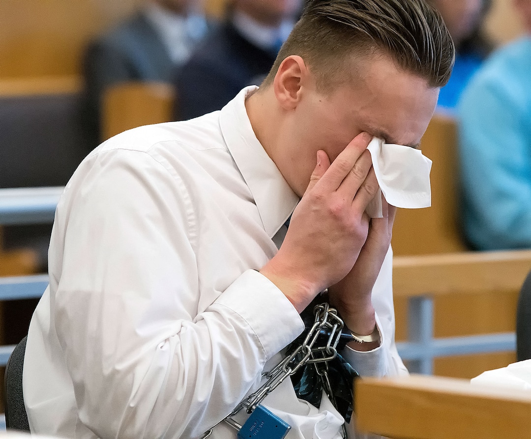 (Eli Lucero  |  Herald Journal, pool) Colter Peterson cries as his listens to the testimony of his victim Deserae Turner during his sentencing hearing for attempted aggravated murder and robbery, Thursday, Feb. 1, 2018, in Logan, Utah. Peterson received a sentence of 15 years to life for shooting Deserae Turner in February 2017, and leaving her for dead in a dry irrigation canal in Smithfield, Utah.
