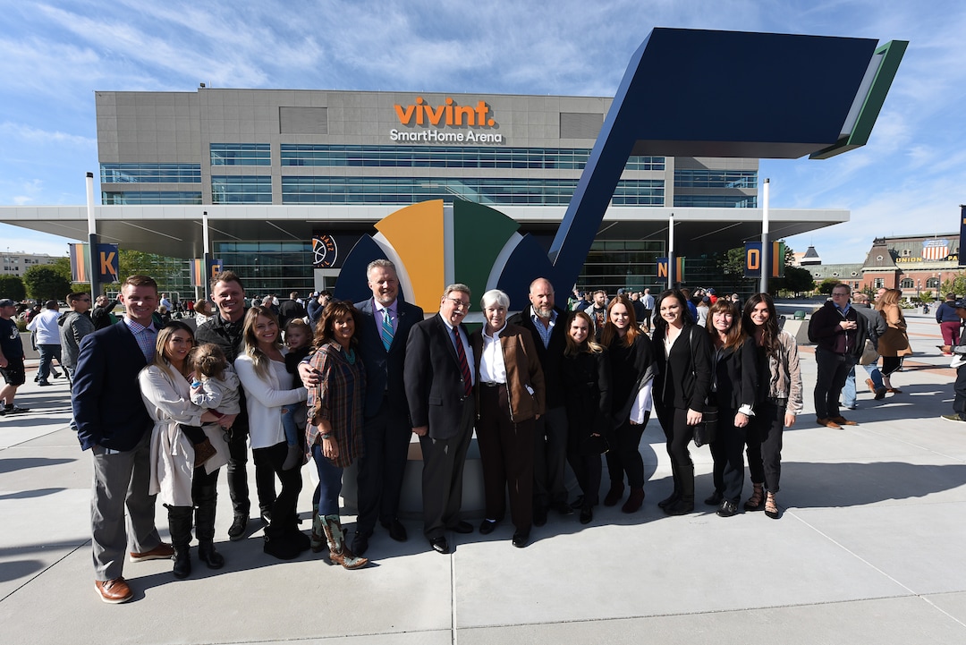 (Francisco Kjolseth  |  The Salt Lake Tribune)  The Miller family gathers for a photo as the Jazz unveil renovations for the arena, starting with the J-Note statue and then offering self-guided tours of the venue on Tuesday, Sept. 26, 2017. The arena features new seats, new concourse areas, new anchor restaurants and open spaces for more social experiences at Jazz games and events.