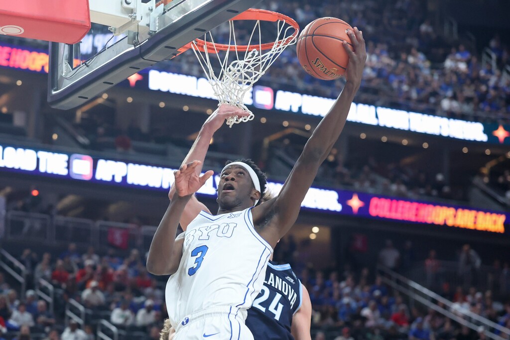 (Ian Maule | AP) BYU forward AJ Dybantsa (3) shoots against Villanova forward Duke Brennan during the first half of an NCAA college basketball game, Monday, Nov. 3, 2025, in Las Vegas.