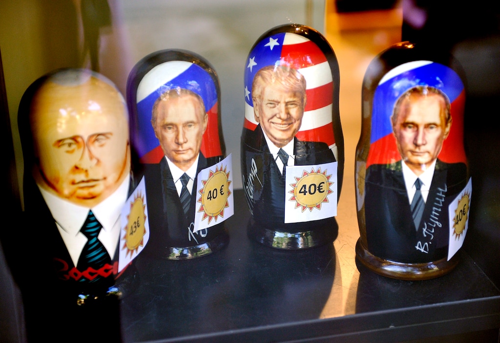 Russian Matryoshka dolls depicting Russian President Vladimir Putin and U.S. President Donald Trump are on sale in the Ruslania book store in Central Helsinki, Monday, July 9, 2018. Putin and Trump are scheduled to meet in Helsinki on Monday, July 16. (Timo Jaakonaho/Lehtikuva via AP)