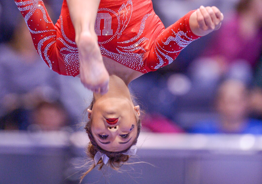 Leah Hogsten  |  The Salt Lake Tribune Utah's Kari Lee on the beam as No. 3 University of Utah gymnastics team meets BYU gymnastics at the Marriot Center, Jan. 10, 2019.